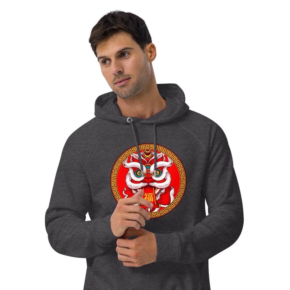 Customizable unisex eco raglan hoodie featuring vibrant Chinese New Year lion dance art for personalized style.